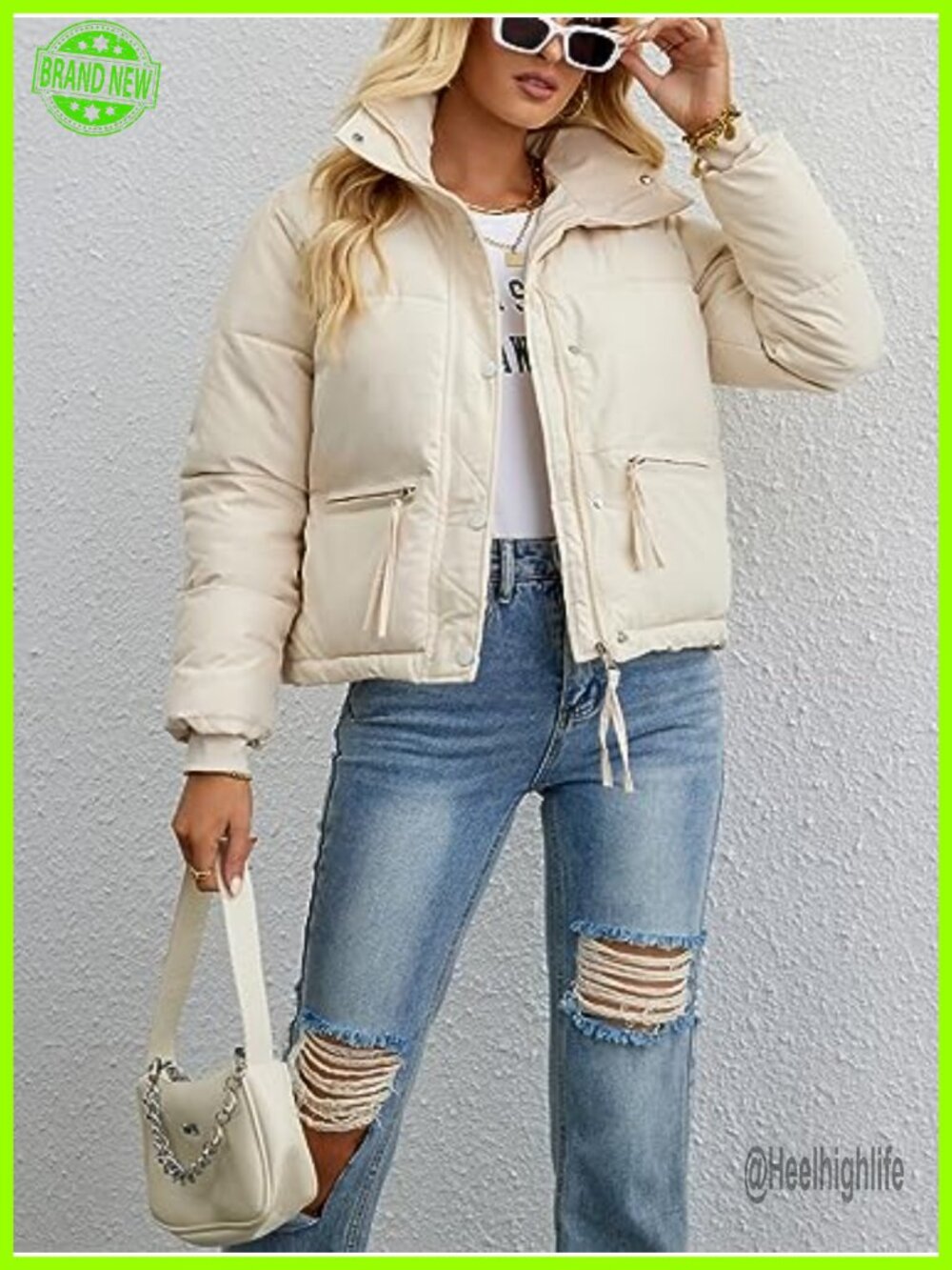 Cropped Puffer Jacket Full Zip Quilted Winter Coat with Pockets - Picture 2 of 7